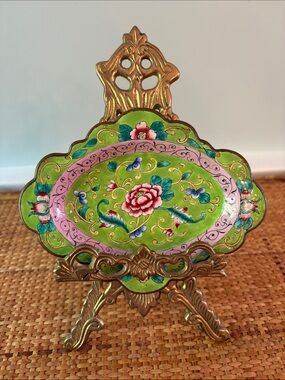 Vintage Hand-Painted Floral Cloisonné Trinket Dish in Lime Green & Pink, Chinese